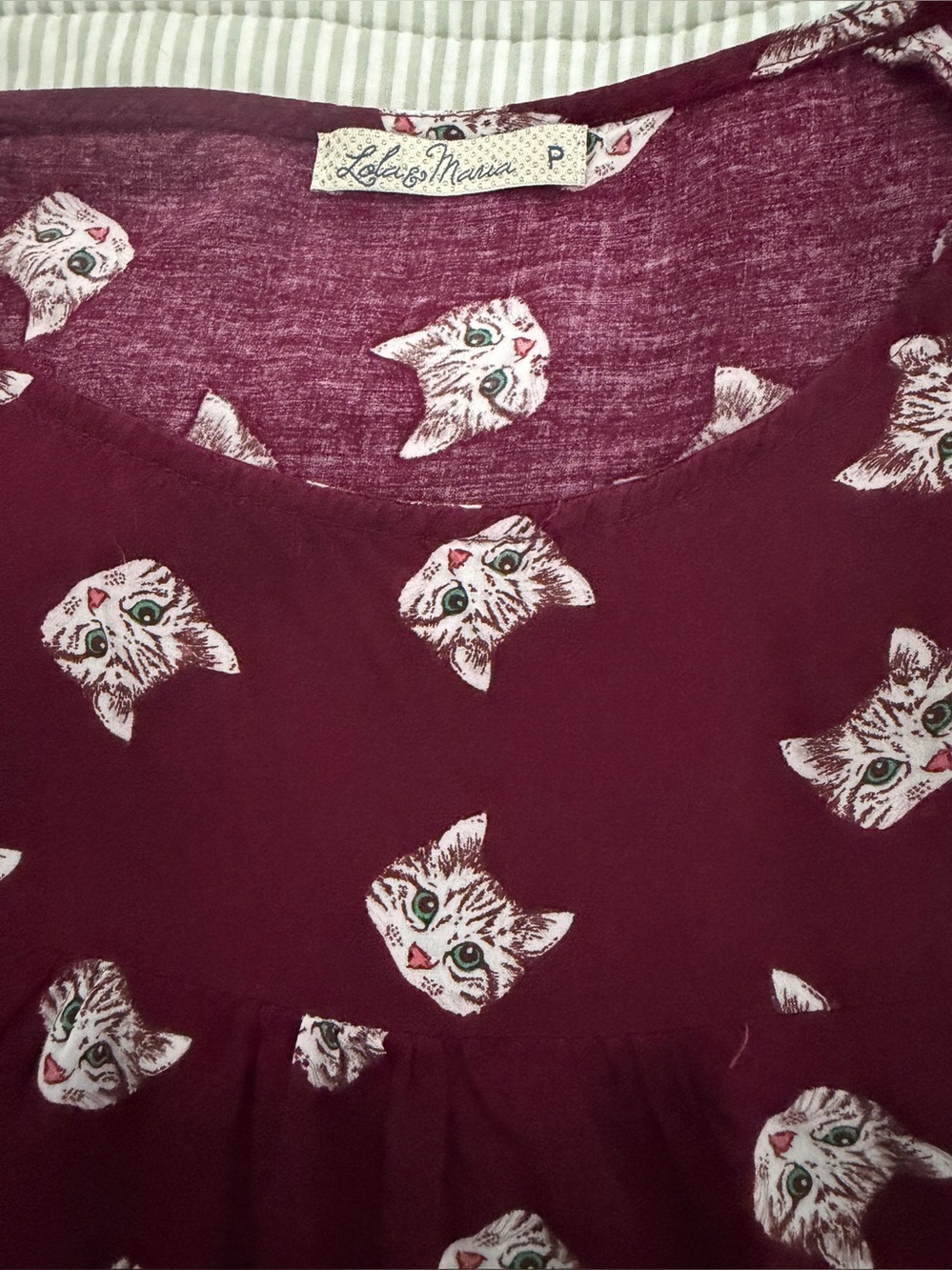 Women's burgundy Cat Print Set blouse + skirt Small